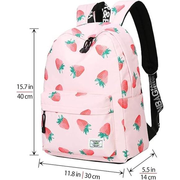 MIRLEWAIY Girl's Pink Strawberry Print School Backpack Bag - Picture 4 of 10